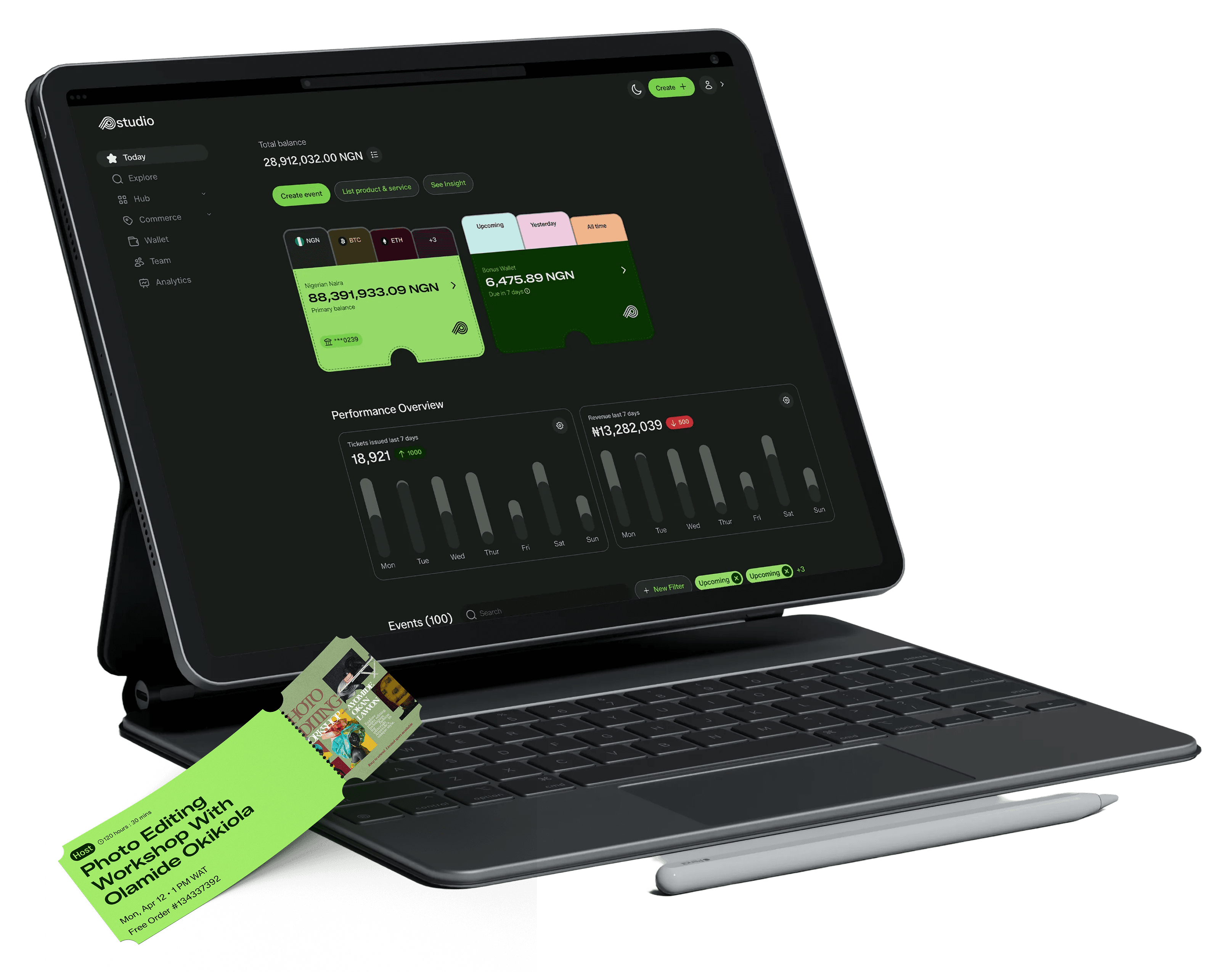 Corepass studio dashboard on a tablet with an event ticket