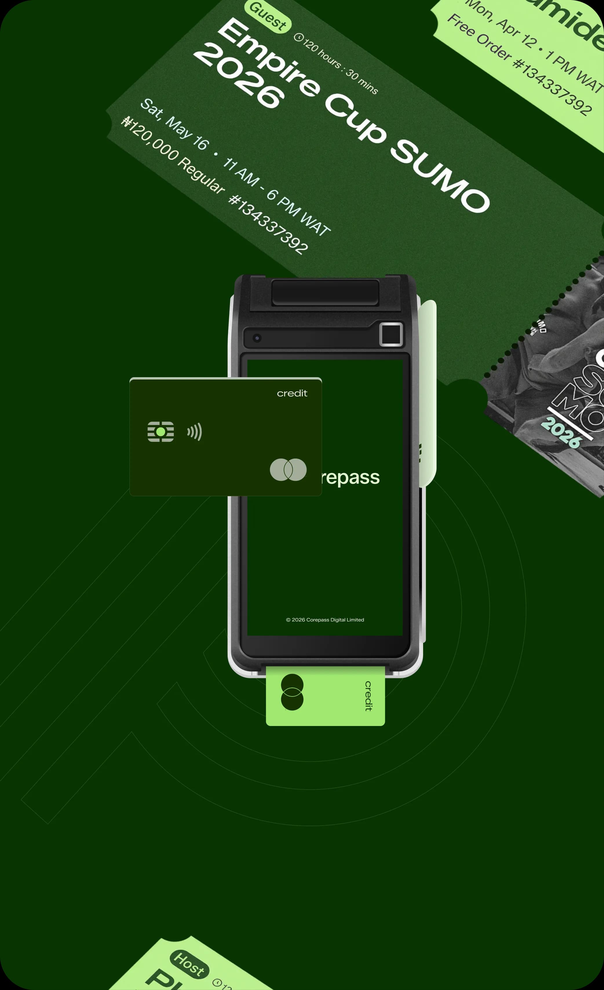 Corepass ticket and payment terminal for an event